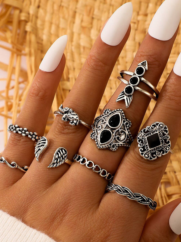 Jewelry 15-piece ring personality hollow lotus sunflower geometric black stone set ring - Hiccupzz