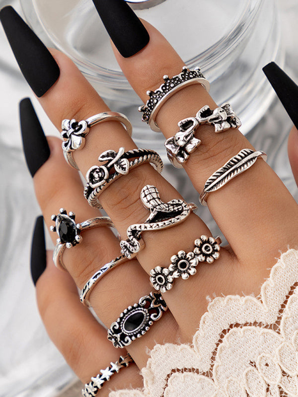Jewelry 15-piece ring personality hollow lotus sunflower geometric black stone set ring - Hiccupzz