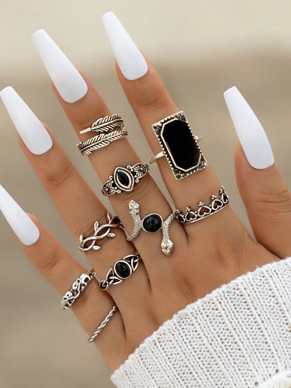 Jewelry 15-piece ring personality hollow lotus sunflower geometric black stone set ring - Hiccupzz