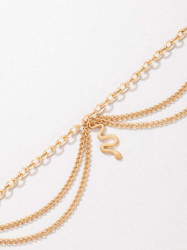 Gold heart-shaped chain anklet tassel snake-shaped pendant three-layer anklet for women - Hiccupzz