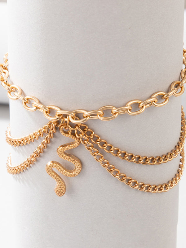 Gold heart-shaped chain anklet tassel snake-shaped pendant three-layer anklet for women - Hiccupzz