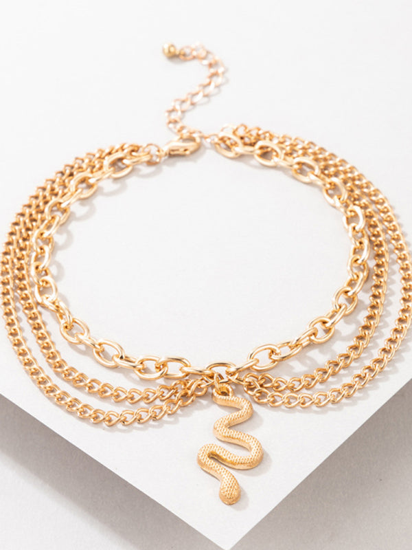 Gold heart-shaped chain anklet tassel snake-shaped pendant three-layer anklet for women - Hiccupzz