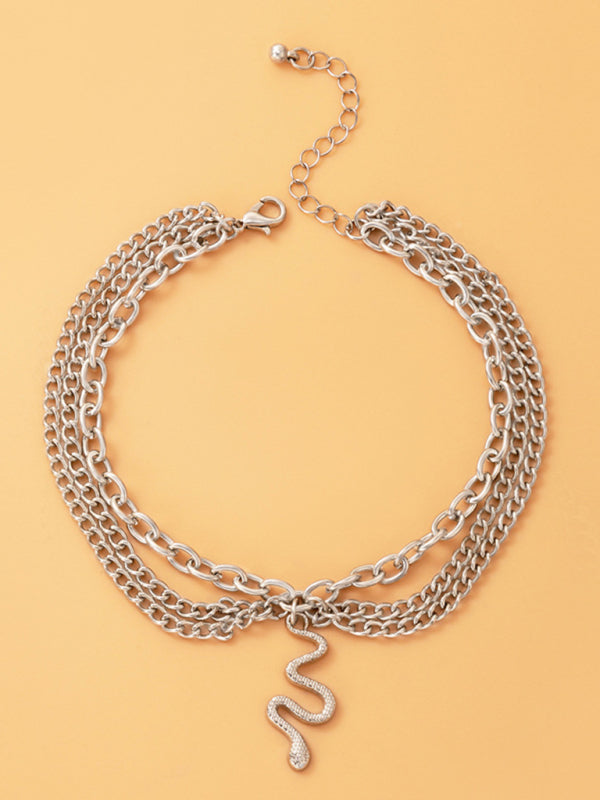 Gold heart-shaped chain anklet tassel snake-shaped pendant three-layer anklet for women - Hiccupzz
