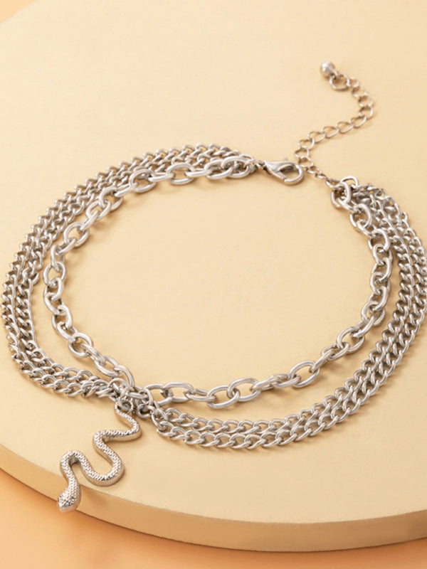 Gold heart-shaped chain anklet tassel snake-shaped pendant three-layer anklet for women - Hiccupzz