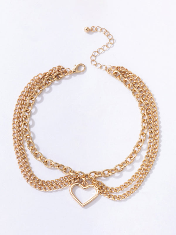 Gold heart-shaped chain anklet tassel snake-shaped pendant three-layer anklet for women - Hiccupzz