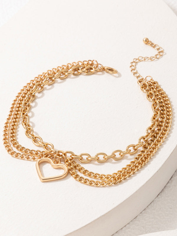 Gold heart-shaped chain anklet tassel snake-shaped pendant three-layer anklet for women - Hiccupzz