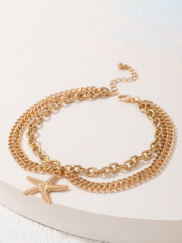 Gold heart-shaped chain anklet tassel snake-shaped pendant three-layer anklet for women - Hiccupzz