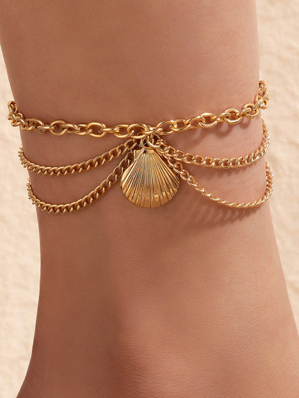 Gold heart-shaped chain anklet tassel snake-shaped pendant three-layer anklet for women - Hiccupzz