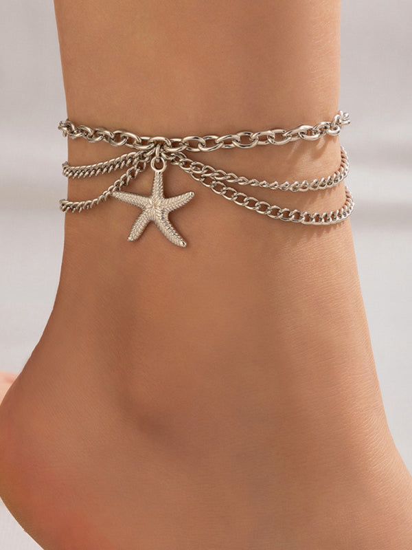 Gold heart-shaped chain anklet tassel snake-shaped pendant three-layer anklet for women - Hiccupzz
