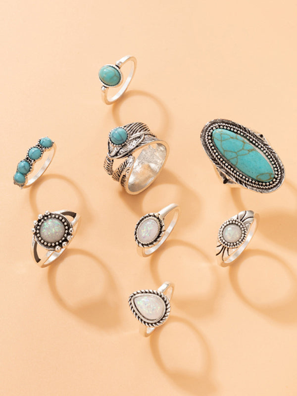 Ethnic style retro inlaid turquoise carved feather ring fashion 8-piece combination ring set - Hiccupzz
