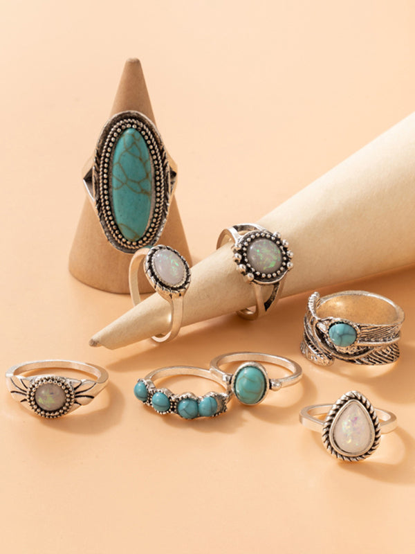Ethnic style retro inlaid turquoise carved feather ring fashion 8-piece combination ring set - Hiccupzz