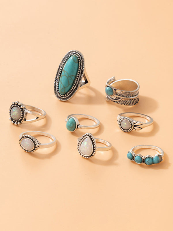 Ethnic style retro inlaid turquoise carved feather ring fashion 8-piece combination ring set - Hiccupzz