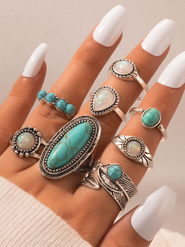 Ethnic style retro inlaid turquoise carved feather ring fashion 8-piece combination ring set - Hiccupzz