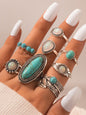 Ethnic style retro inlaid turquoise carved feather ring fashion 8-piece combination ring set - Hiccupzz