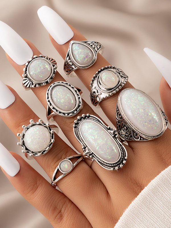 Ethnic style retro inlaid turquoise carved feather ring fashion 8-piece combination ring set - Hiccupzz