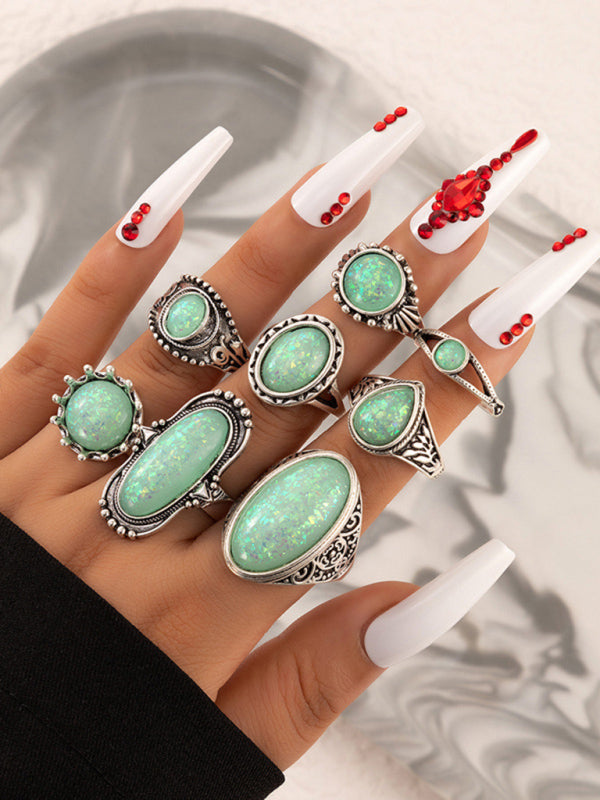 Ethnic style retro inlaid turquoise carved feather ring fashion 8-piece combination ring set - Hiccupzz