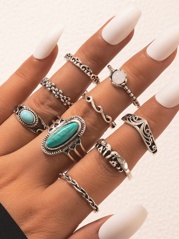 Ethnic style retro inlaid turquoise carved feather ring fashion 8-piece combination ring set - Hiccupzz