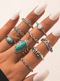 Ethnic style retro inlaid turquoise carved feather ring fashion 8-piece combination ring set - Hiccupzz