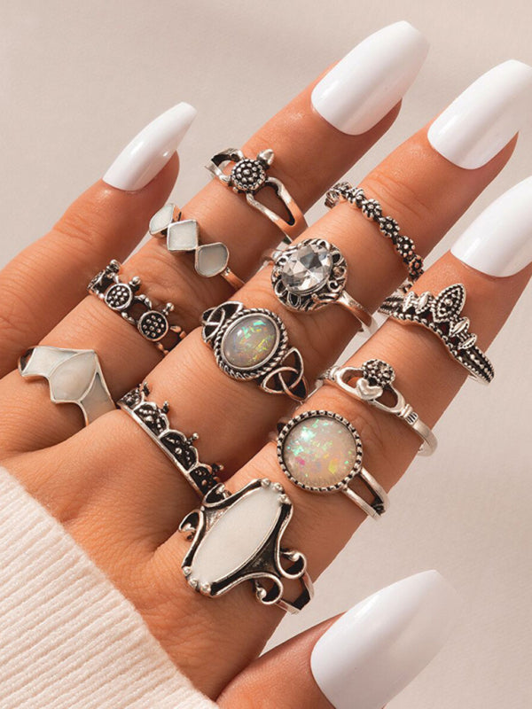 Ethnic style retro inlaid turquoise carved feather ring fashion 8-piece combination ring set - Hiccupzz