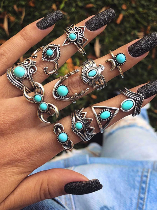 Ethnic style retro inlaid turquoise carved feather ring fashion 8-piece combination ring set - Hiccupzz