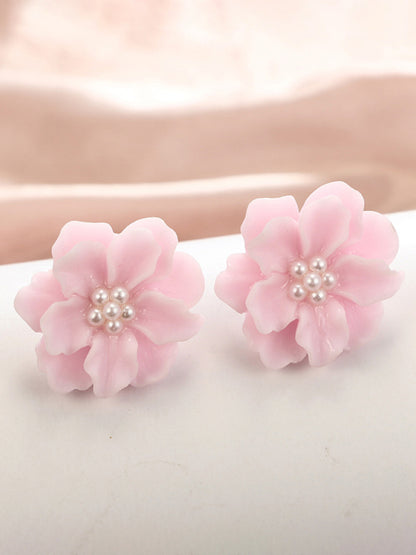 Simple and versatile exaggerated camellia three-dimensional white flower pearl earrings - Hiccupzz