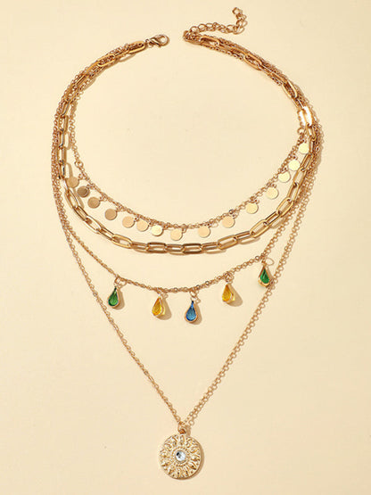 New geometric disc alloy buckle rhinestone tassel concave-convex disc pendant 4-layer necklace - Hiccupzz