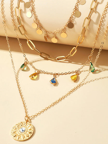 New geometric disc alloy buckle rhinestone tassel concave-convex disc pendant 4-layer necklace - Hiccupzz