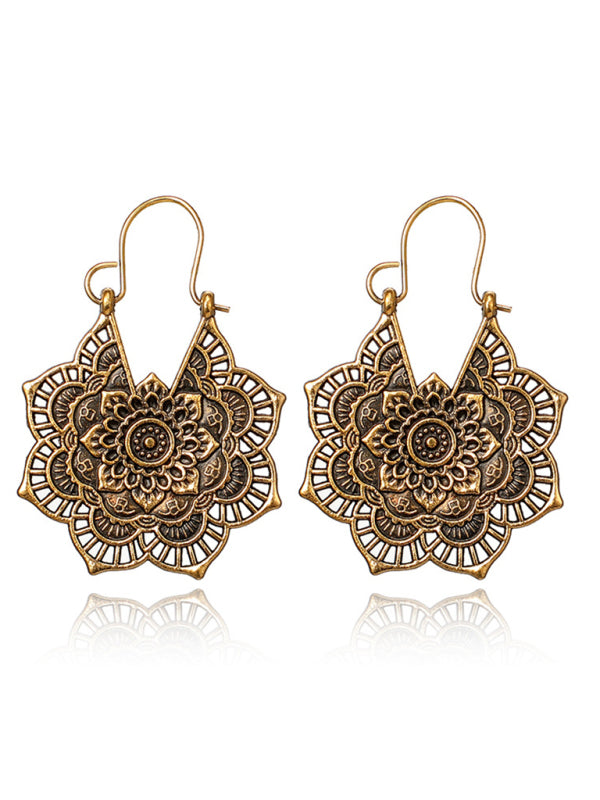 Vintage Ethnic Metal Cutout Floral Flower Earrings Bohemian Carved Earrings - Hiccupzz