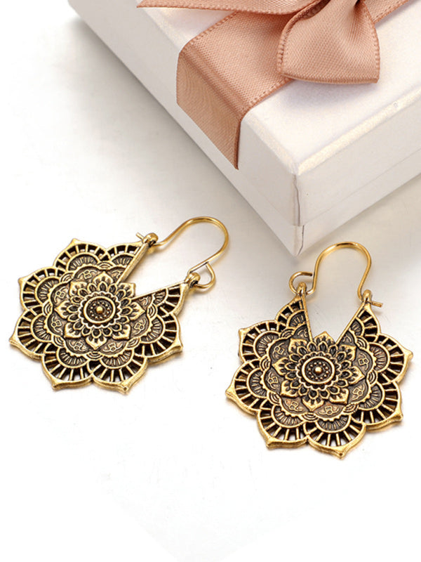 Vintage Ethnic Metal Cutout Floral Flower Earrings Bohemian Carved Earrings - Hiccupzz