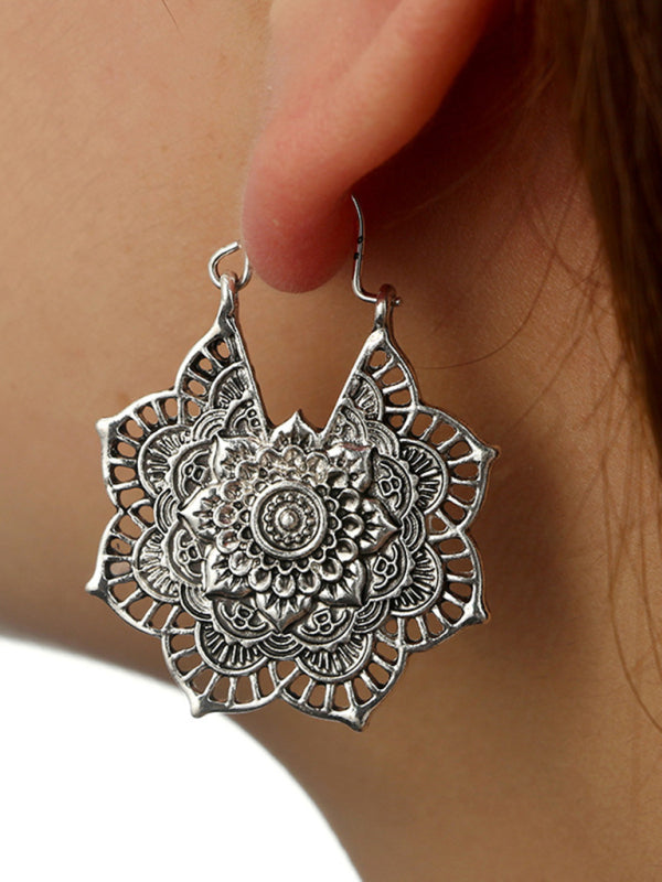 Vintage Ethnic Metal Cutout Floral Flower Earrings Bohemian Carved Earrings - Hiccupzz