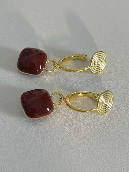 New style red bean mosquito coil disc ear clip without piercing wine red earrings - Hiccupzz