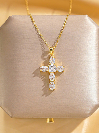 Inlaid zircon cross pendant necklace elegant clavicle chain - Hiccupzz
