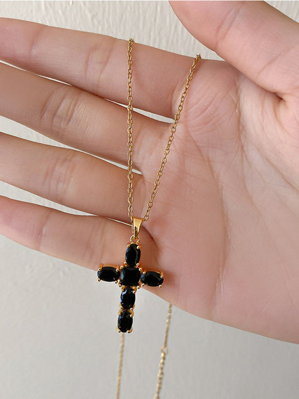 Inlaid zircon cross pendant necklace elegant clavicle chain - Hiccupzz