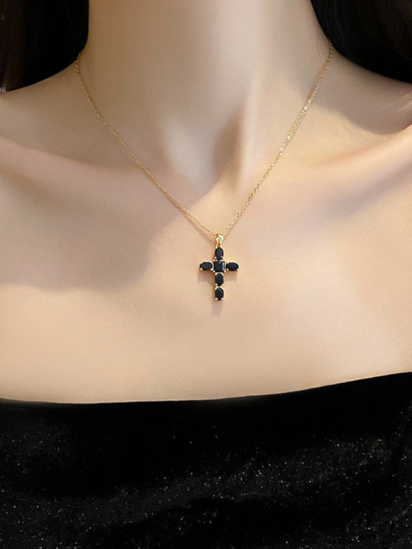 Inlaid zircon cross pendant necklace elegant clavicle chain - Hiccupzz