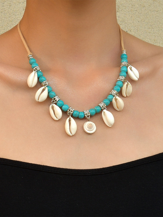 Bohemian shell pendant turquoise beaded velvet braided adjustable necklace for men and women - Hiccupzz