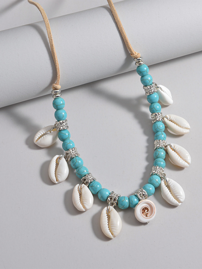 Bohemian shell pendant turquoise beaded velvet braided adjustable necklace for men and women - Hiccupzz