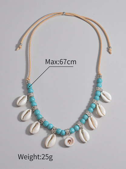 Bohemian shell pendant turquoise beaded velvet braided adjustable necklace for men and women - Hiccupzz