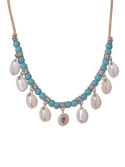 Bohemian shell pendant turquoise beaded velvet braided adjustable necklace for men and women - Hiccupzz