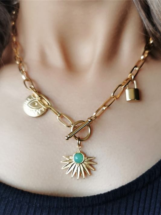 Leaves Devil's Eye Lock Pendant OT Buckle Collarbone Necklace - Hiccupzz