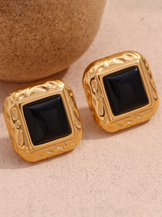 Vintage earrings stainless steel classic hammered pattern square black acrylic earrings - Hiccupzz