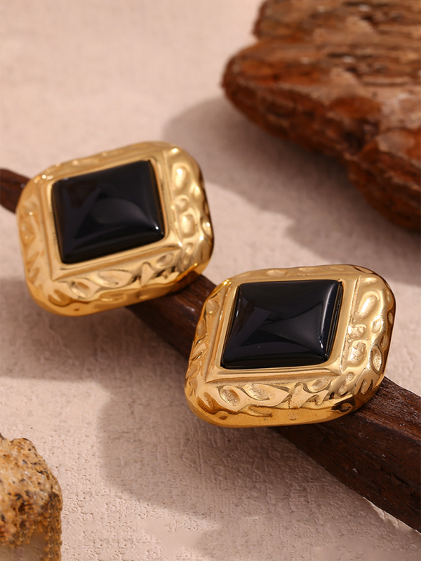 Vintage earrings stainless steel classic hammered pattern square black acrylic earrings - Hiccupzz