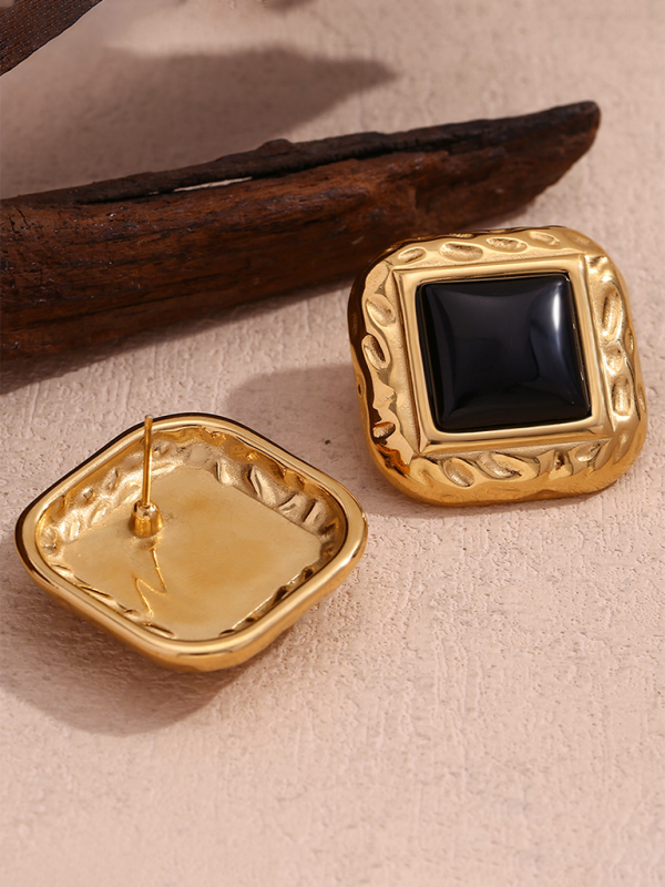 Vintage earrings stainless steel classic hammered pattern square black acrylic earrings - Hiccupzz