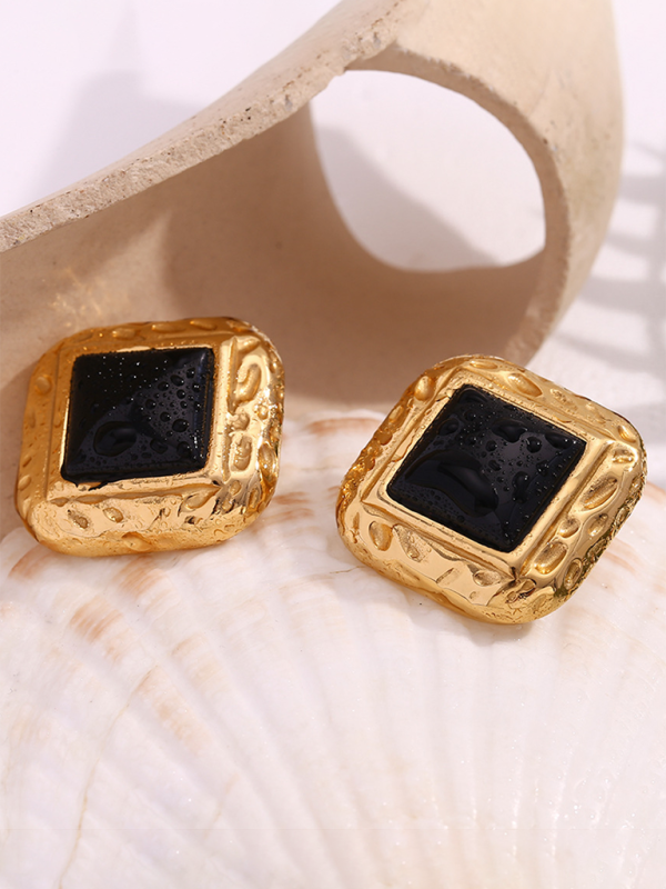 Vintage earrings stainless steel classic hammered pattern square black acrylic earrings - Hiccupzz