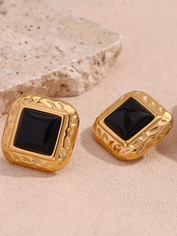 Vintage earrings stainless steel classic hammered pattern square black acrylic earrings - Hiccupzz
