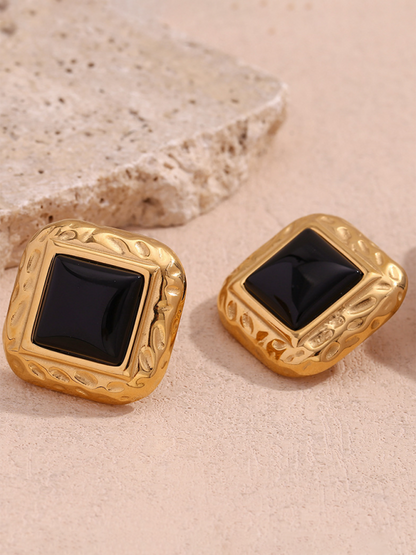 Vintage earrings stainless steel classic hammered pattern square black acrylic earrings - Hiccupzz