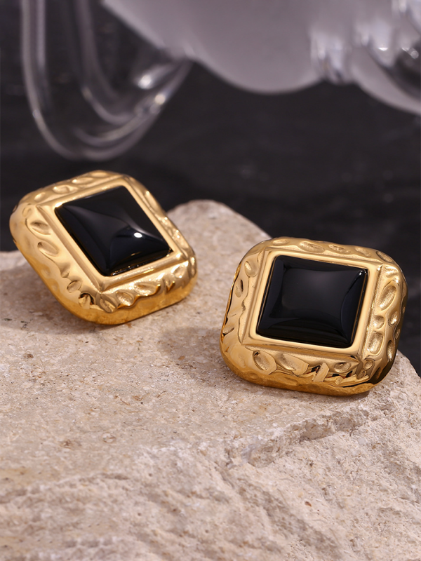 Vintage earrings stainless steel classic hammered pattern square black acrylic earrings - Hiccupzz