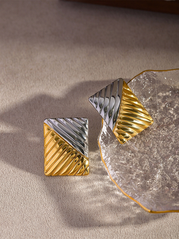 Women's minimalist square texture gold and silver color matching earrings - Hiccupzz