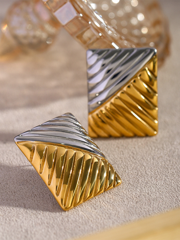 Women's minimalist square texture gold and silver color matching earrings - Hiccupzz