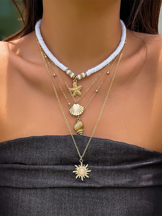Ocean-style shell conch tassel multi-layer necklace, stacked soft clay starfish necklace - Hiccupzz
