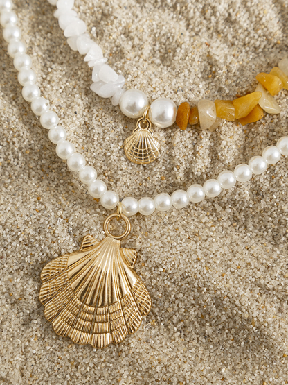 Ocean-style shell conch tassel multi-layer necklace, stacked soft clay starfish necklace - Hiccupzz